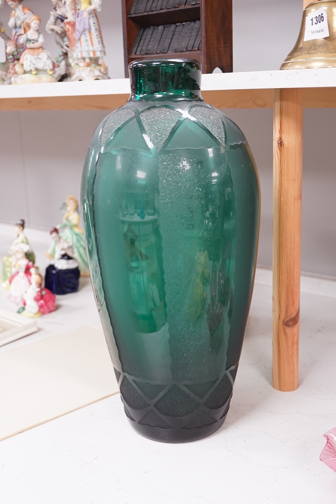 A French Art Deco etched green glass vase by Verart, 49cm high. Condition - good.